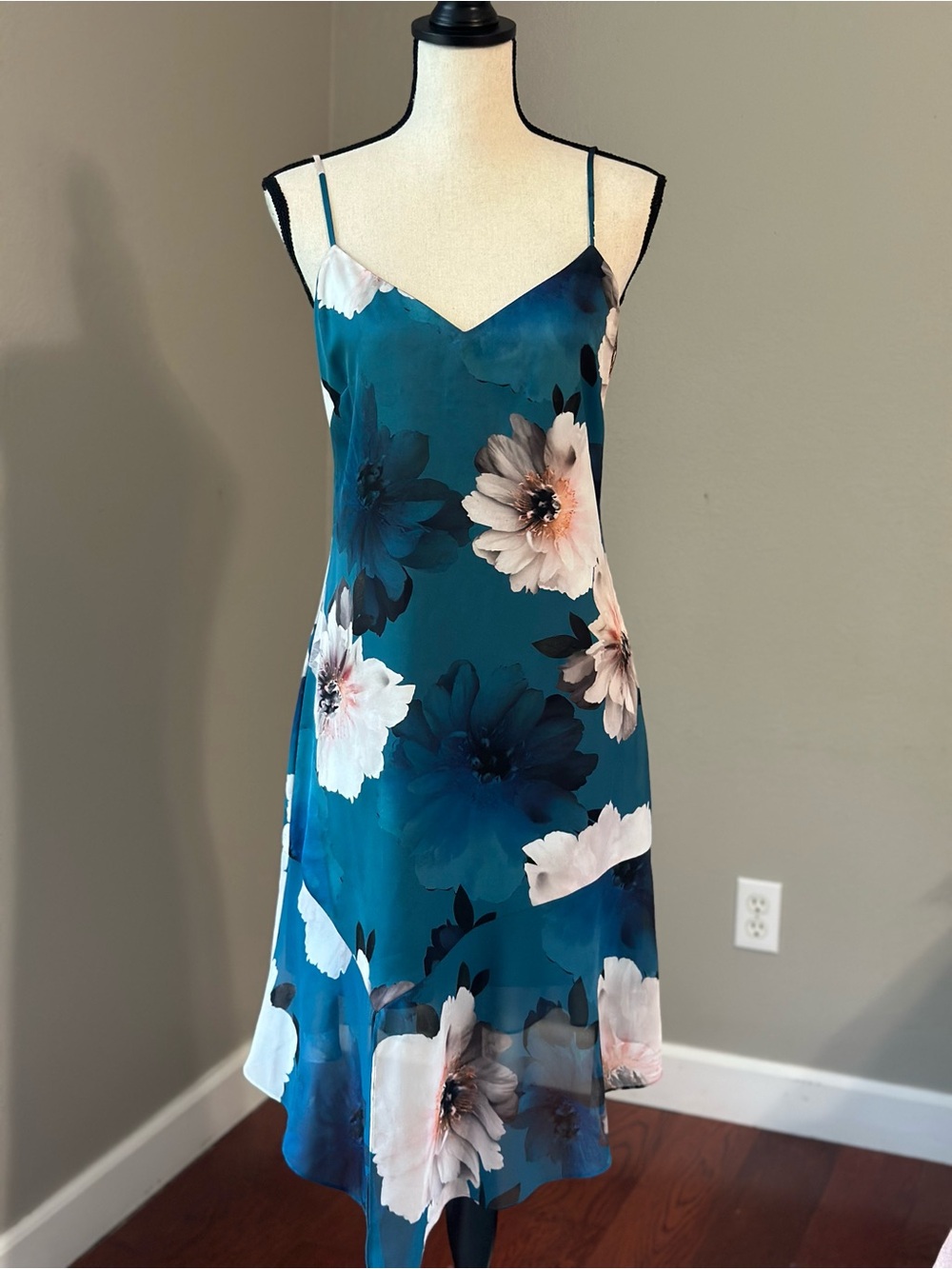 Marciano Teal Floral-Accent Dark Romantic Slip Dress